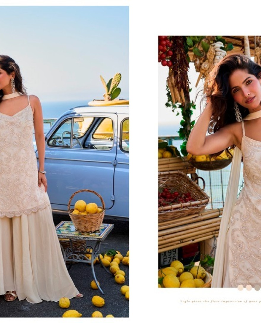 WHITE - Ivory Pearl Embroidered Palazzo Set